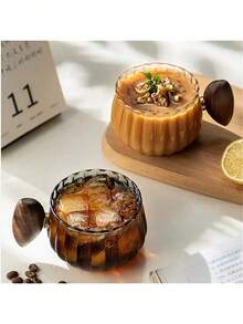 1pc Transparent/Grey Wooden Handle Glass Cup Back To School - Army Green - View 3