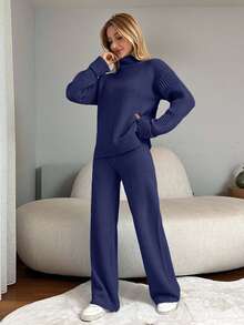 EURMUSE Conjunto de suéter con abertura en el bajo y pantalones de punto de mujer casual de otoño e invierno de talla pequeña - Azul Marino - Ver 3