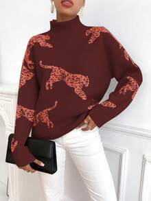 SHEIN Clasi Sweater Pullover Kasual Wanita Motif Leopard dengan Kerah Tegak - Coffee Brown - View 4