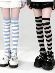 ROMWE Goth 1 Đôi tất cao đến đầu gối phong cách tối giản thuần túy, tất cao cổ đồng phục học sinh màu trắng trơn gợi cảm, tất siêu mỏng co giãn xuyên thấu - Nhiều màu - Xem 5