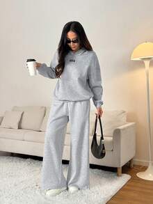 SHEIN PETITE 女士秋冬休闲宽松保暖连帽衫和运动裤套装 - 灰色 - 查看 5