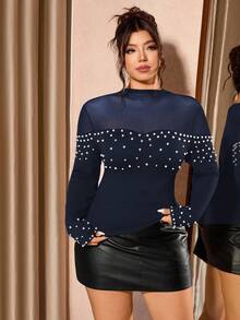 Cravure Plus Size Women Fashionable Elegant Party Beaded Decor T-Shirt, Flattering Fit For Daily Wear