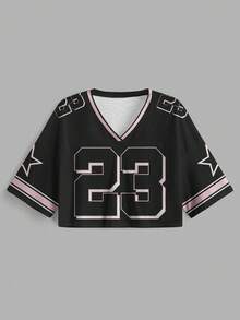 Slaydiva Áo thun lưới tay 5/8 cổ chữ V rộng rãi thoải mái dành cho nữ, phù hợp cho mùa hè, phù hợp cho các trò chơi thể thao - màu đen - Xem 4