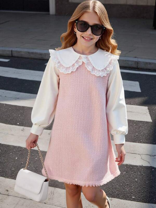 فستان بسيط وأنيق للفتيات المراهقات، طراز جديد لخريف 2025، بياقة بيتر بان، أكمام مكشكشة مطرزة بالشبك، تصميم ألوان متباينة، سحاب خلفي، تنورة فضفاضة مزينة بشراريب