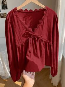 Comfortcana 女士纯色蕾丝拼接V领系带长袖衬衫，红色女式上衣 - 酒紅色 - 查看 7