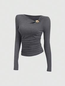 Sweetra 复古美式设计不对称肩部 T 恤，修身时尚女式秋季 T 恤 - 黑色 - 查看 3