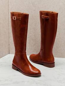 SHUZIA Women's Comfortable Chunky Lug Sole Knee High Boots With Adjustable Buckle - Brown - View 7