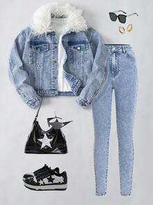 Teen Girls Casual Fashionable Versatile Blue Washed Denim 2-Piece Set, Detachable Furry Collar Design Simple Denim Top + Skinny Stretch Denim Pants, Essential Autumn/Winter Item For Stylish Girls