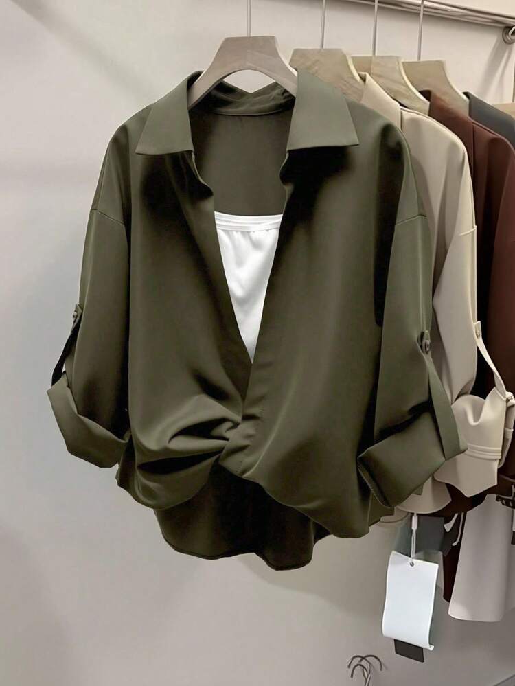 INAWLY Camisa casual de mujer con diseño de capas y mangas con puños con cuello - Verde militar - Añade 1