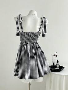 Elamini Váy ngắn buộc dây họa tiết kẻ caro xếp ly ren dễ thương cho nữ - màu đen - Xem 2