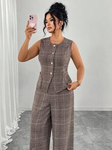 Elenzga 大码女式优雅通勤格子单排扣背心和阔腿裤两件套 - 棕色 - 查看 6