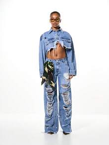 SUMWON WOMEN Chaqueta vaquera oversize desgastada con diseño recortado y extremadamente rasgado para el estilo callejero de las mujeres en otoño e invierno - Azul - Ver 5