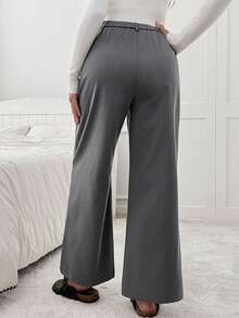 SHEIN Maternity Casual Everyday Commute Solid Color Zip Fly Loose Wide Leg Pants - Dark Grey - View 2