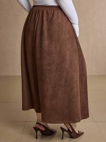 Dazy Plus Plus Size Women Elegant Thickened Long A-Line Suede Skirt, Fashion Autumn/Winter - Coffee Brown - View 2