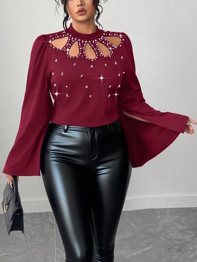 Elenzga Plus Size Women Elegant Faux Pearl Hollow Long Sleeve T-Shirt