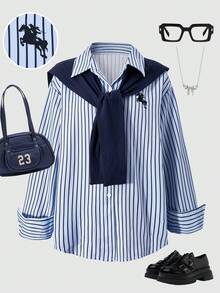 Tween Girls' Casual Striped Loose Button-Up Long Sleeve Shirt With Shawl Collar, Versatile For Back To School - Blue - View 6
