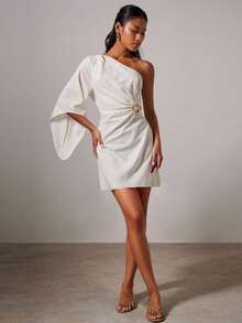 COSMINA Vestido corto de mujer con cuello asimétrico elegante, hebilla de metal, drapeado ajustable y cintura con lazo, versátil para ir a la oficina o para uso diario, apto para todas las estaciones - Blanco - Ver 4