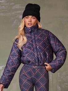 Athîral 女士菱形图案拉链高领长袖夹棉大衣 - 藏蓝色 - 查看 3