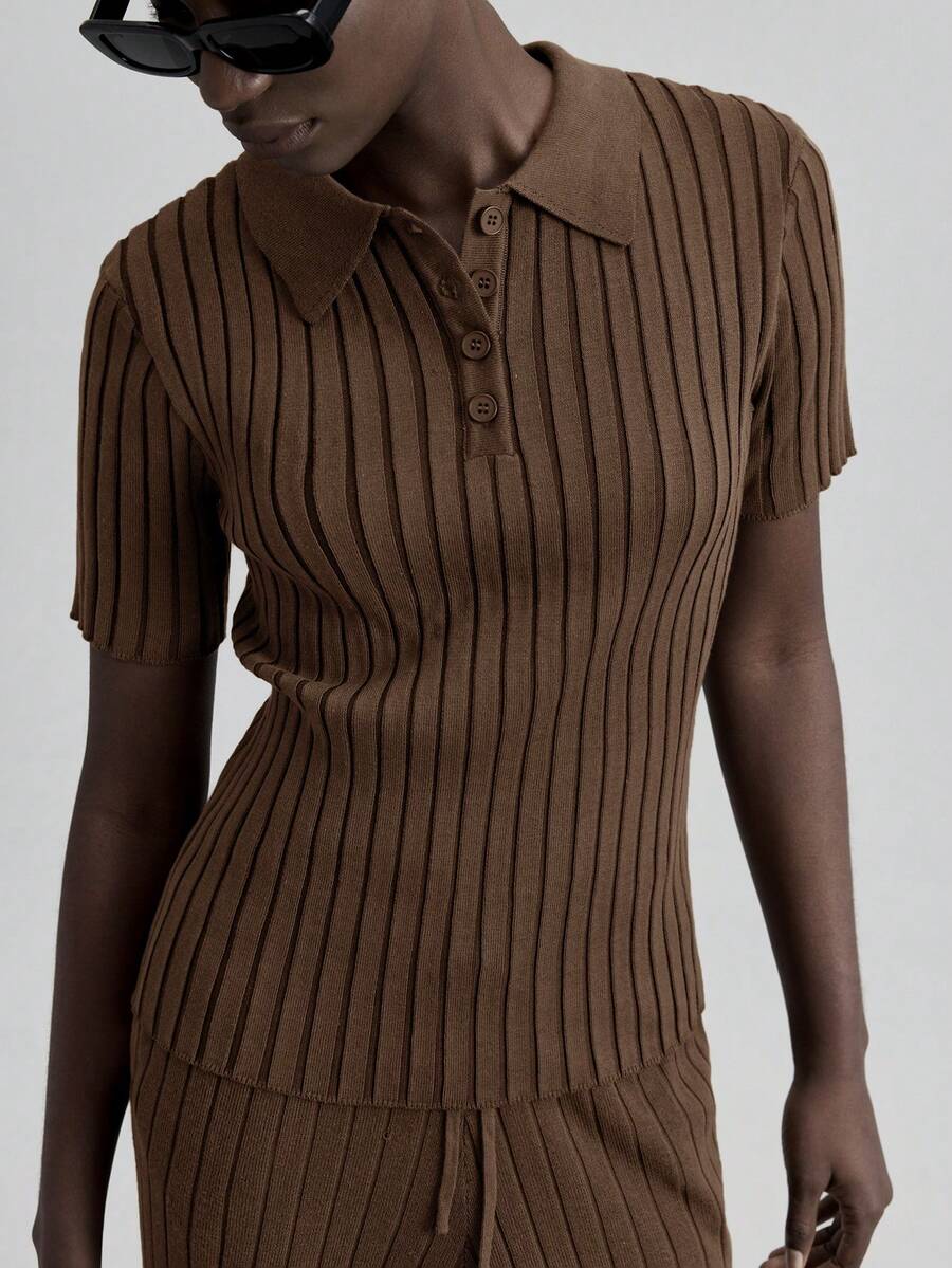 Ontre Women's Solid Color Polo Neck Knit Top And Drawstring Pants Sweater Set,Shades Of Brown,Autumn,Effortless Chic,Everyday,Urban Commute Business Outfit