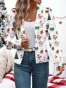 SHEIN Clasi Santa Claus Print Women's Blazer, Suitable For Christmas Outerwear - Multicolor - View 5