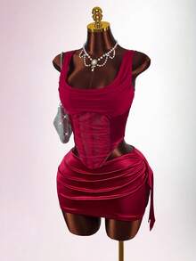 Amplova 女士鱼骨文胸上衣两件套，性感前卫，适合秋冬派对装搭配裹身性感迷你裙 - 紅色 - 查看 5