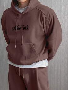 DAZY Men's Thick Letter Embroidered Brown Hoodie Set, Autumn/Winter - Brown - View 6