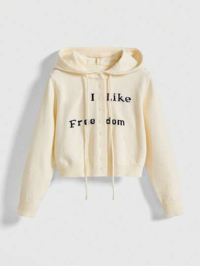 ROMWE Avant Casual Slogan Graphic Hoodie Cardigan, Autumn/Winter