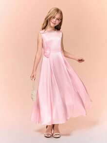Girls' Elegant Fitted Long Dress With Bow Accent, Suitable For Formal Occasions, Parties, And Galas - Pink - View 3