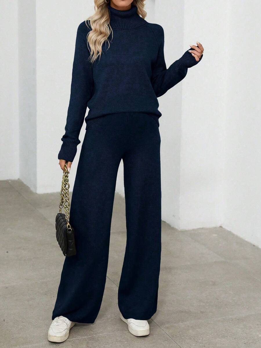 EMERY ROSE Casual Ladies' Turtleneck Long Sleeve Sweater And Sweater Pants Suit Fall Winter Cloth For Women - Navy Blue - View 1
