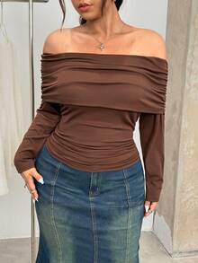 GalTyme Plus Size Solid Color Off-Shoulder Fitted Elegant Long Sleeve T-Shirt, Brown Top Women Brown Long Sleeve Top Chocolate Brown Top Brown Off Shoulder Top,Fall /Autumn/Winter,Christmas,New Year,Thanksgiving,Party,Wedding,Beach,Elegant,Casual,Going Out,Date,Appointment,Commute