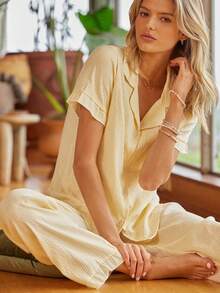 格子印花睡衣套装女式短袖上衣和松紧腰裤，休闲套装 - 黃色 - 查看 1