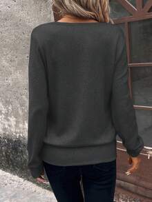 SHEIN Clasi Solid Square Neck Sweatshirt,Long Sleeve Top,Graduation,Teacher,Back To School In Fall/Winter - Dark Grey - View 2