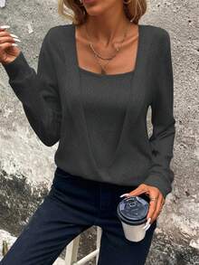 SHEIN Clasi Solid Square Neck Sweatshirt,Long Sleeve Top,Graduation,Teacher,Back To School In Fall/Winter - Dark Grey - View 7