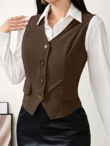 Modelyn Rompi Kasual Wanita Warna Polos Leher V Kancing Tunggal, Musim Gugur - Mocha Brown - View 6