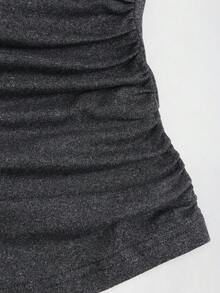 Sweetra 复古美式设计不对称肩部 T 恤，修身时尚女式秋季 T 恤 - 黑色 - 查看 4