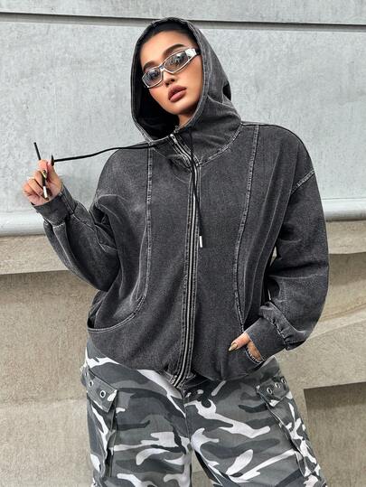 Muchica Plus Size Casual Washed Pocket Zip-Up Drawstring Sweatshirt, Autumn Spring/Summer Outfits