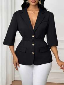 SHEIN Lady Women's Fashionable Elegant Single-Breasted Thin Blazer - Black - View 4