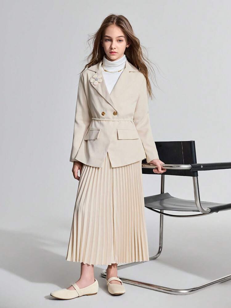 Tween Girl Floral Decor Lapel Jacket And Pleated Skirt Set Fall Winter