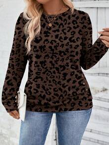 EMERY ROSE New Arrival Plus Size Women Round Neck Layered Design Long Sleeve T-Shirt - Brown - View 1