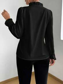 Rafferiza 女式长袖褶皱荷叶边系带衬衫，优雅的春秋季女式衬衫 - 黑色 - 查看 2