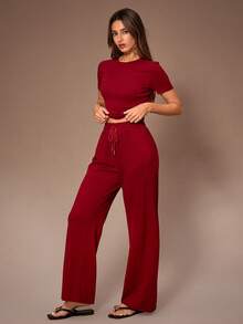 SHEIN 1 Set Solid Color Short Sleeve Top And Pants Casual Outfit Pajama Sets For Women Round Neck Women Lounge Sets Red Pajamas For Women Women Lounge Sets Two Pieces Lounge Set - Burgundy - View 3