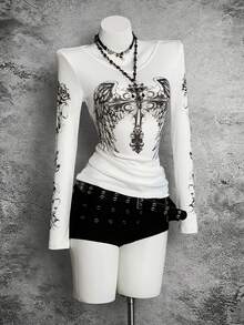 StreetHx 十字架印花V领薄款长袖T恤，朋克风 - 彩色 - 查看 3