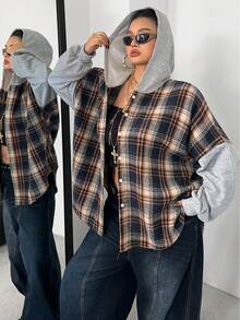 POPSWAY Felpa con cappuccio oversize in stile patchwork a quadri, manica lunga, autunnale - Multicolore - Visualizzare 6