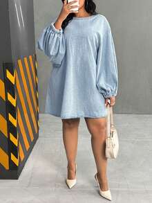 Slaydiva 大码女式圆领落肩长袖休闲宽松牛仔连衣裙 - 藍色 - 查看 4