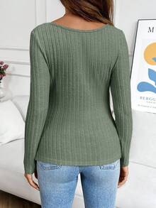 SHEIN Maternity Autumn Simple Solid Color Ribbed Fitted Crew Neck Long Sleeve T-Shirt - Green - View 2