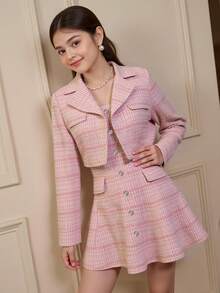 SHEIN 2pcs/Set Teenager's Spring/Autumn Short Blazer Jacket + Tube Dress, Suitable For Daily Outing, Party And Other Occasions - Pink - View 5