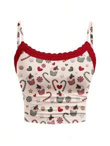 Y2Kool Amafemora 裸色与红色撞色圣诞星、爱心、纸杯蛋糕、拐杖糖、饼干印花Y2K街头风两件套蕾丝拼接套装，适合秋冬季、居家聚会、节日、圣诞节、日常穿着。可爱两件套，樱桃图案女装，可爱套装，女士可爱两件套。 - 彩色 - 查看 7