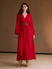 MOTF PREMIUM CONTRAST SEQUIN RUCHED V-NECK FITTED WAIST DRESS, AUTUMN/WINTER, CHRISTMAS DRESS, RED DRESS, NEW YEAR DRESS - Red - View 4