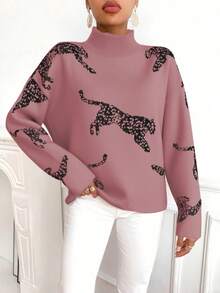 SHEIN Clasi Women's Leopard Jacquard Drop Shoulder Loose Fit Turtleneck Knit Sweater - Redwood - View 4