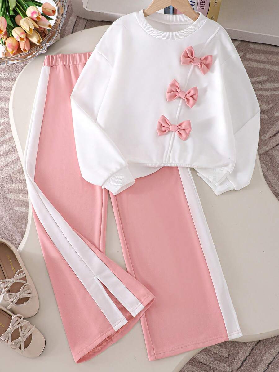 SHEIN Girls Autumn/Winter Casual White Long Sleeve Sweatshirt With Pink 3D Bow + Pink & White Contrast Color Pants Set, Sweet & Cute, Comfortable - Multicolor - View 1